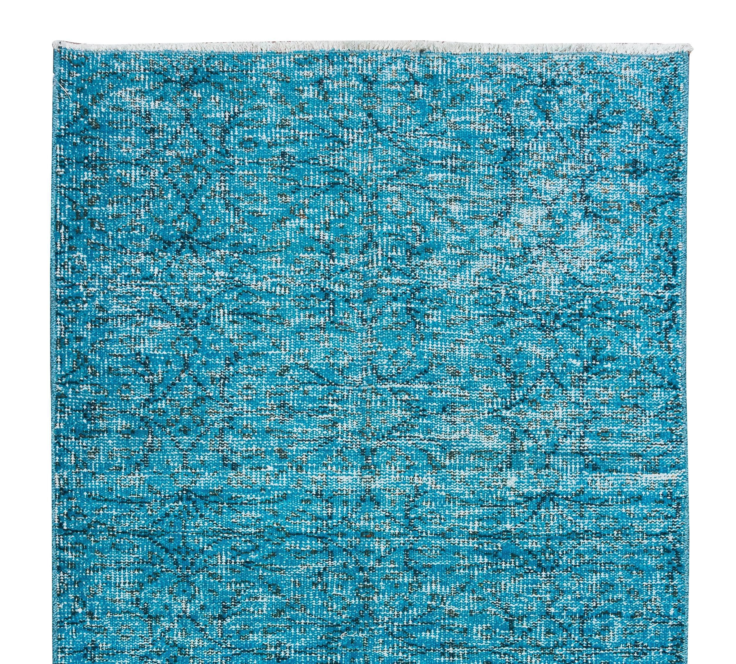 3x6 Ft Handmade Rug OverDyed in Teal Blue, Modern Turkish Small Turquoise Carpet In Good Condition For Sale In Philadelphia, PA