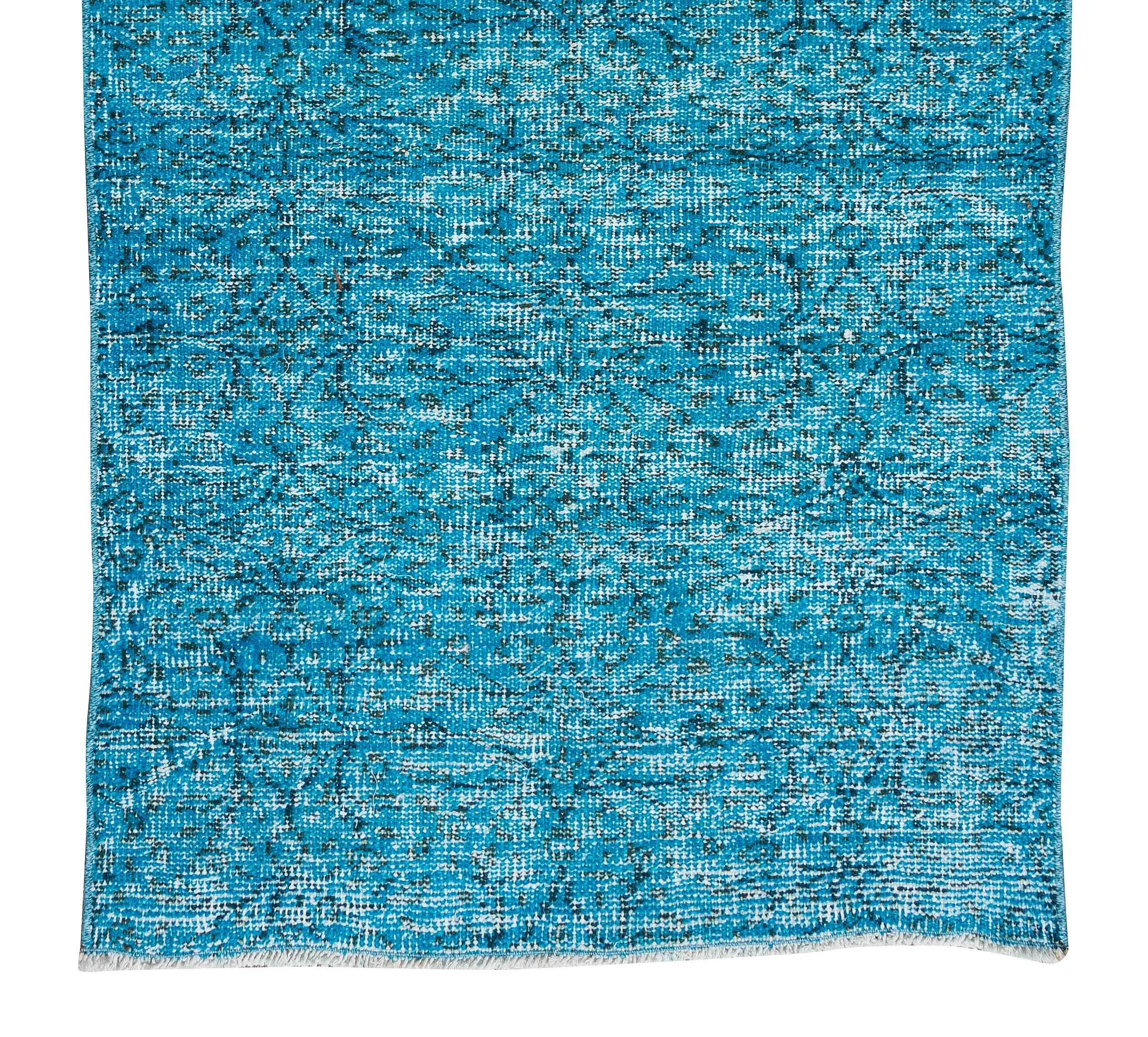 20th Century 3x6 Ft Handmade Rug OverDyed in Teal Blue, Modern Turkish Small Turquoise Carpet For Sale
