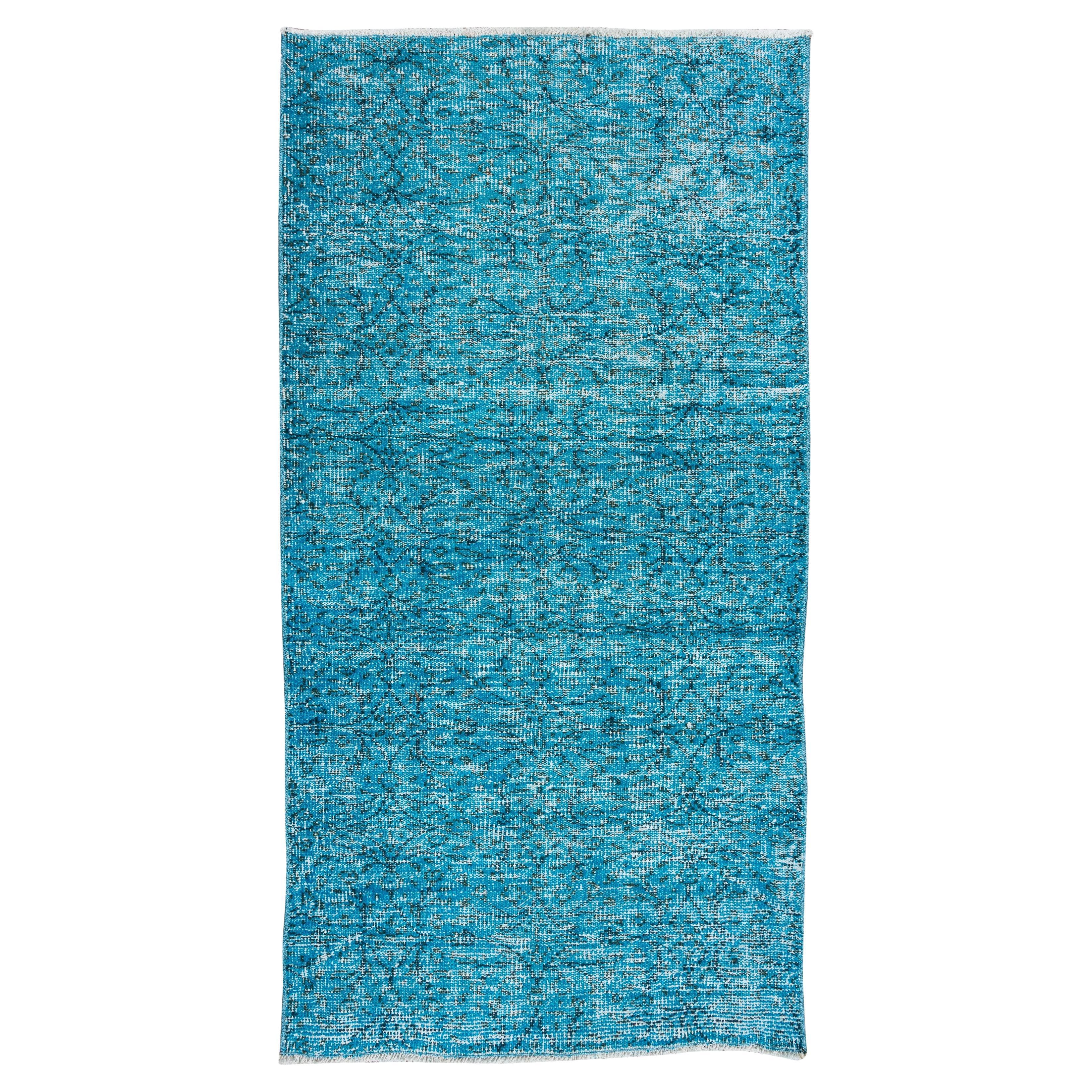 3x6 Ft Handmade Rug OverDyed in Teal Blue, Modern Turkish Small Turquoise Carpet For Sale