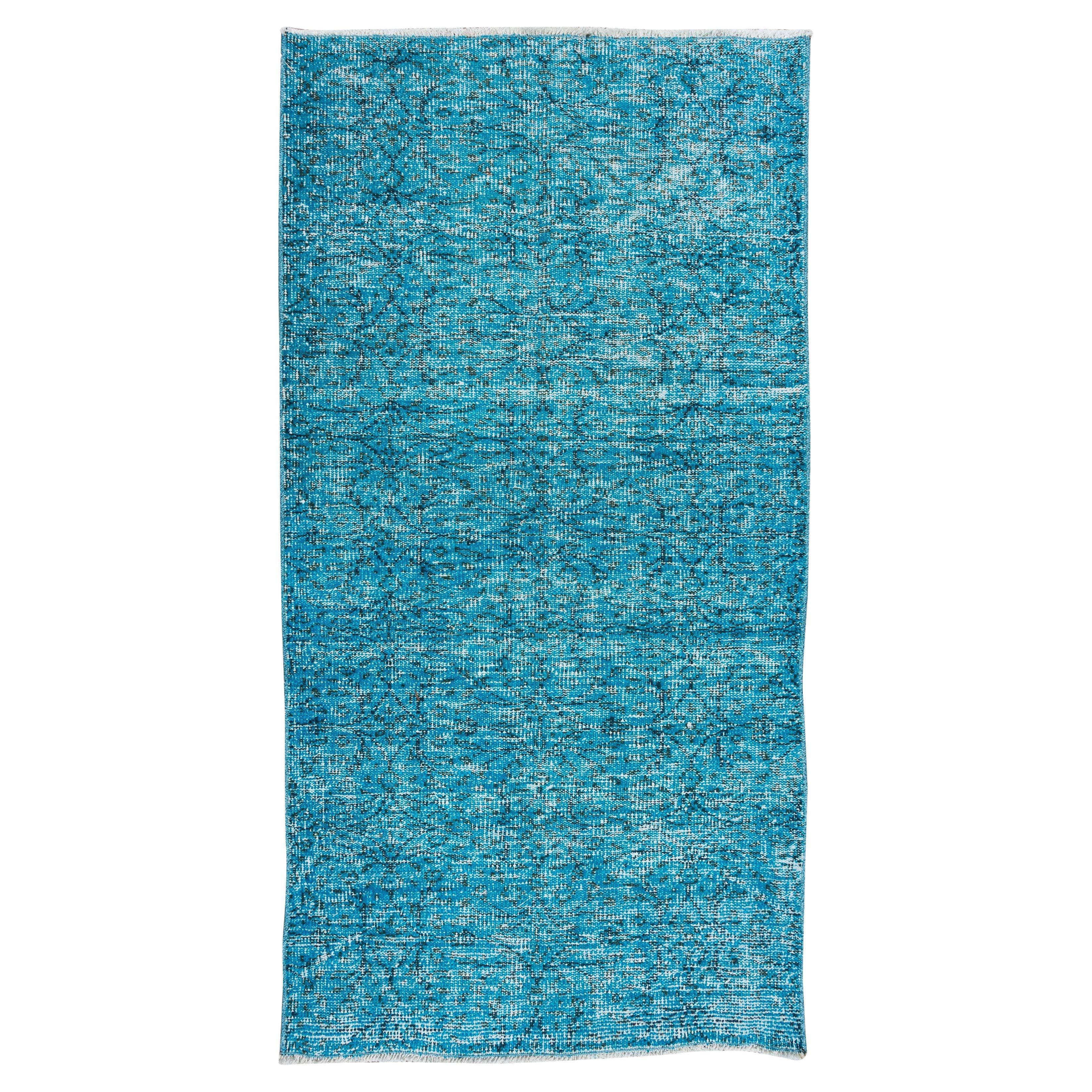 3x6 Ft Handgefertigter Teal Blauer, moderner türkischer kleiner türkischer Teal-Teppich, überzogen in Tealblau