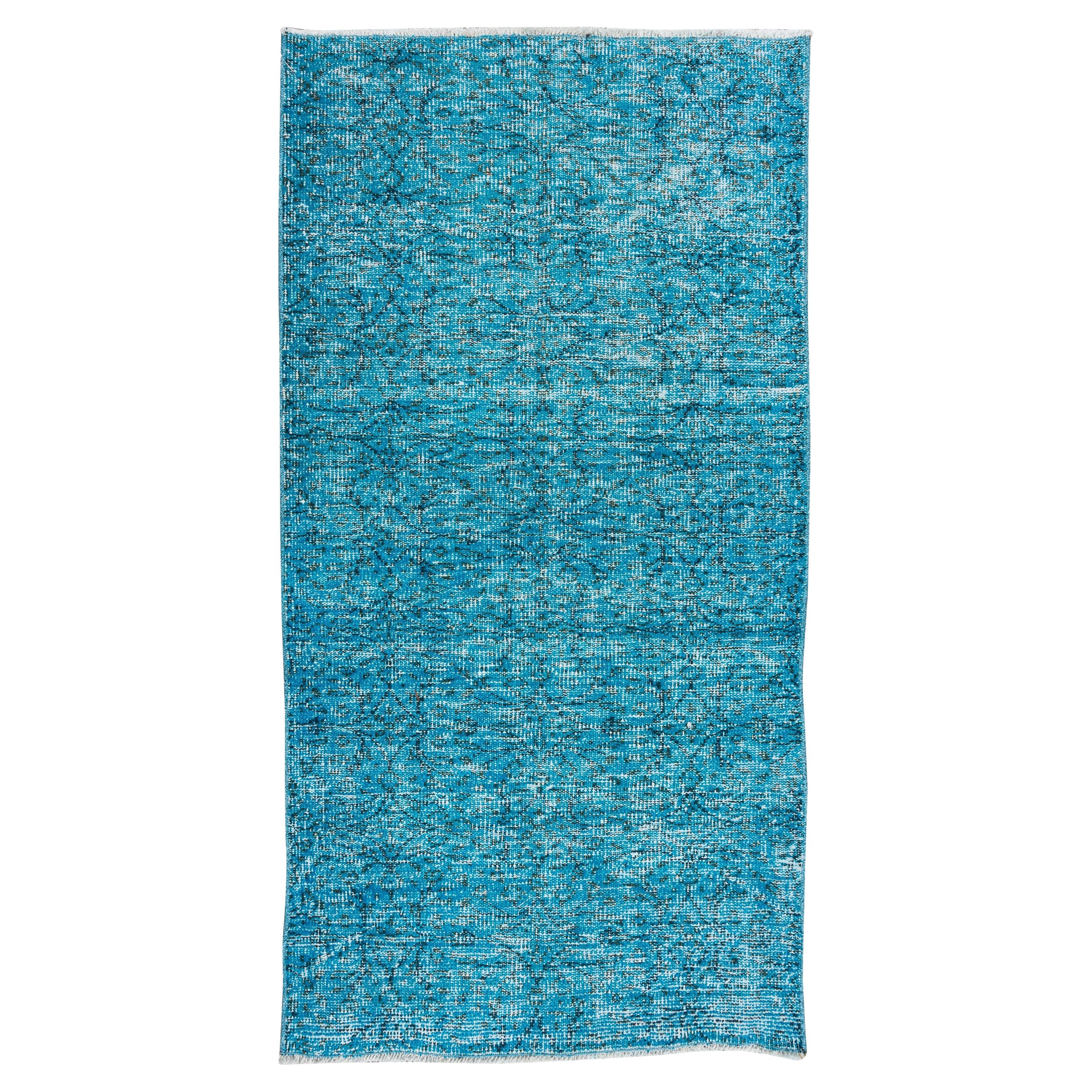 3x6 Ft Handgefertigter Teal Blauer, moderner türkischer kleiner türkischer Teal-Teppich, überzogen in Tealblau im Angebot