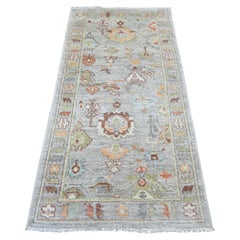 3'x6' Gray Afghan Angora Oushak Leaf Design Hand Knotted Wool Runner Rug