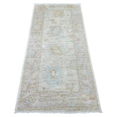 3'x6' Gray Hand Knotted Afghan Angora Oushak Leaf Design Wool Runner Rug