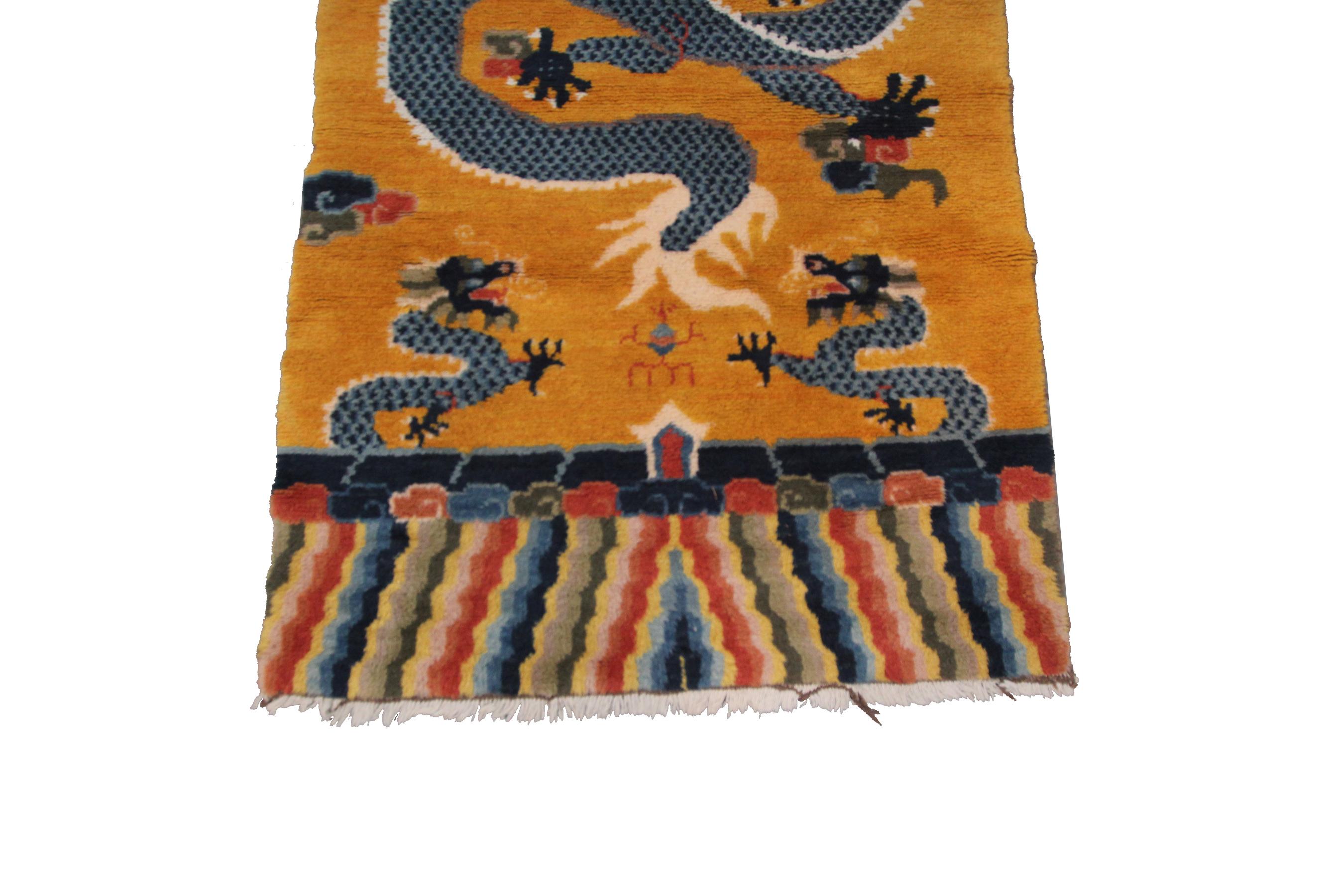 Hand-Knotted Rare Vintage 5 Paw Dragon Art Deco Rug Chinese Tapestry Gold, C.1940
