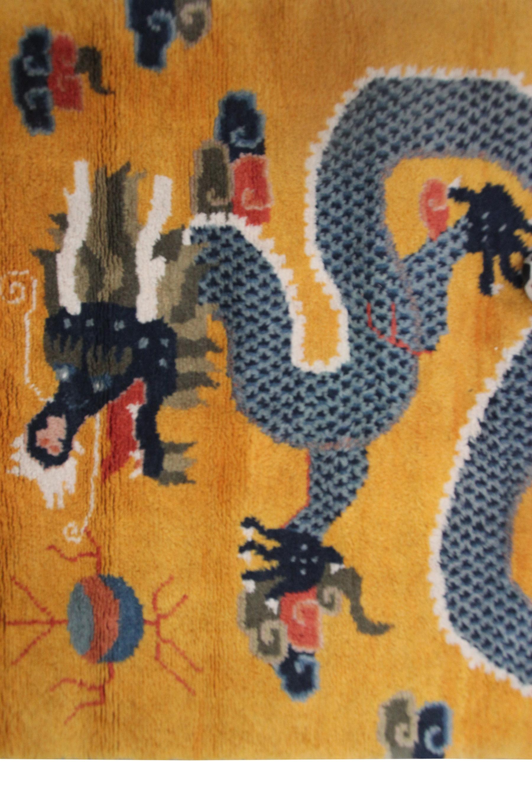 Mid-20th Century Rare Vintage 5 Paw Dragon Art Deco Rug Chinese Tapestry Gold, C.1940