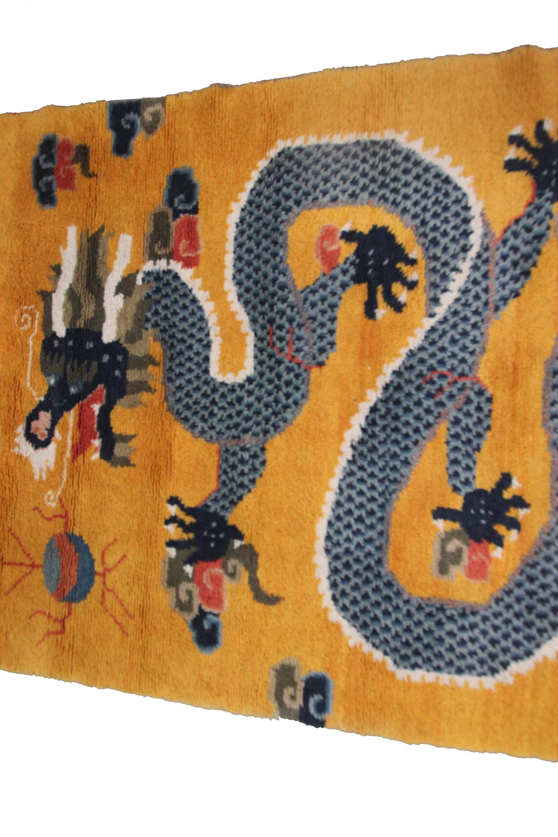 Rare Vintage 5 Paw Dragon Art Deco Rug Chinese Tapestry Gold, C.1940 1