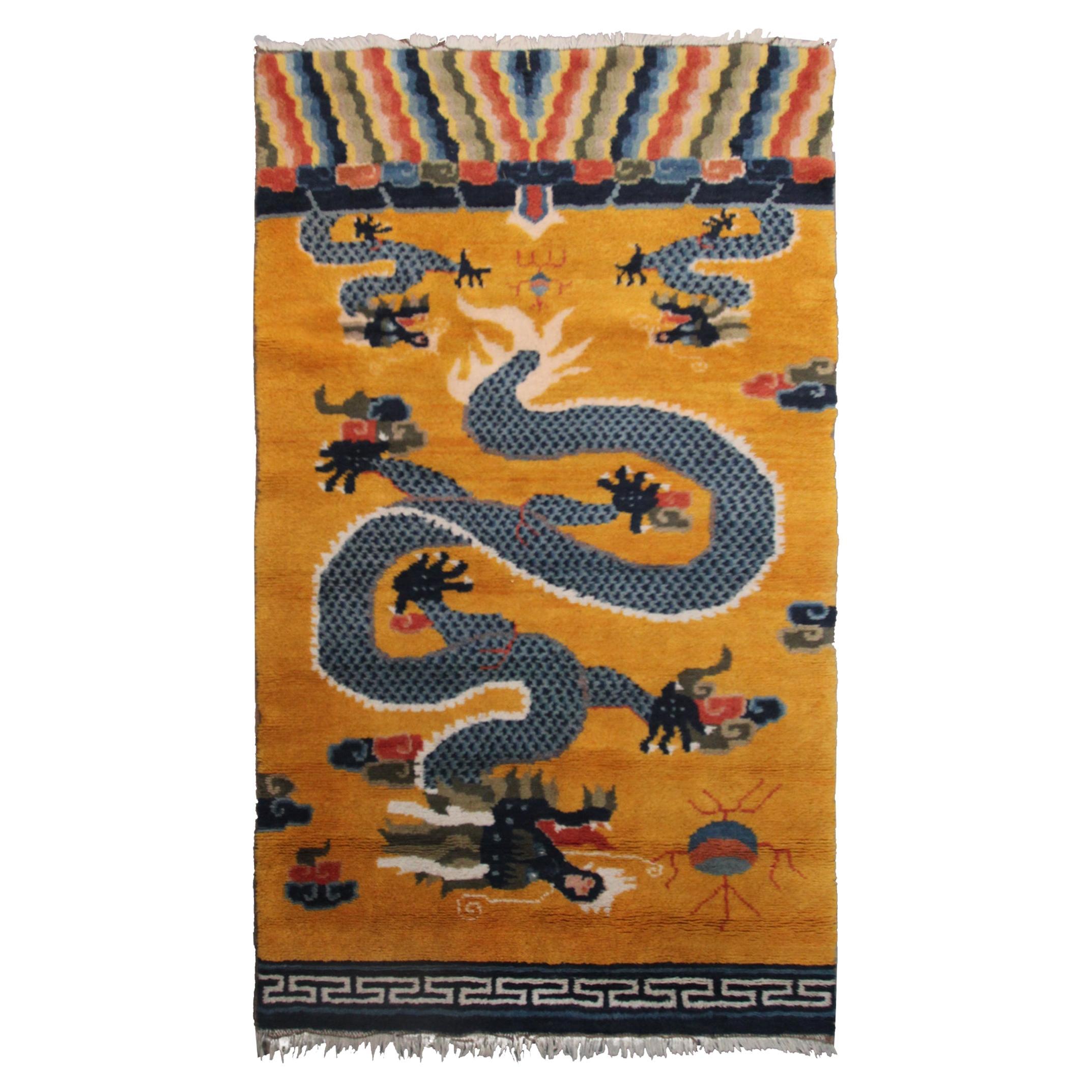 Rare Vintage 5 Paw Dragon Art Deco Rug Chinese Tapestry Gold, C.1940