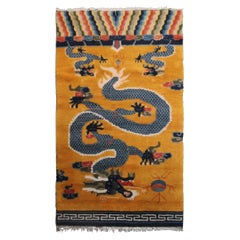 Tapis Art Déco 3x6 rare dragon à 5 pattes vintage tapisserie chinoise 97x178 cm or C.1940