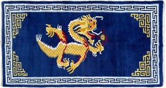 3x6 Vintage Tibetan Dragon Rug Blue Field Greek Key Border Handmade 92cmx176cm