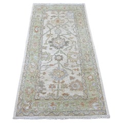 3'x6'1" Grauer handgeknüpfter Teppich aus reiner Wolle Afghan Angora Oushak mit Blatt-Design
