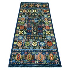 3'x6'3" Blue Afghan Ersari with Hutchlu Design Hand Knotted Wool Runner Rug
