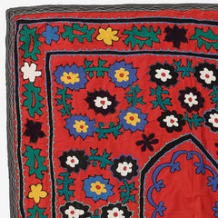 3x6.4 Ft Red Silk Embroidery Wall Hanging, Uzbek Wall Decor, Suzani Tablecloth