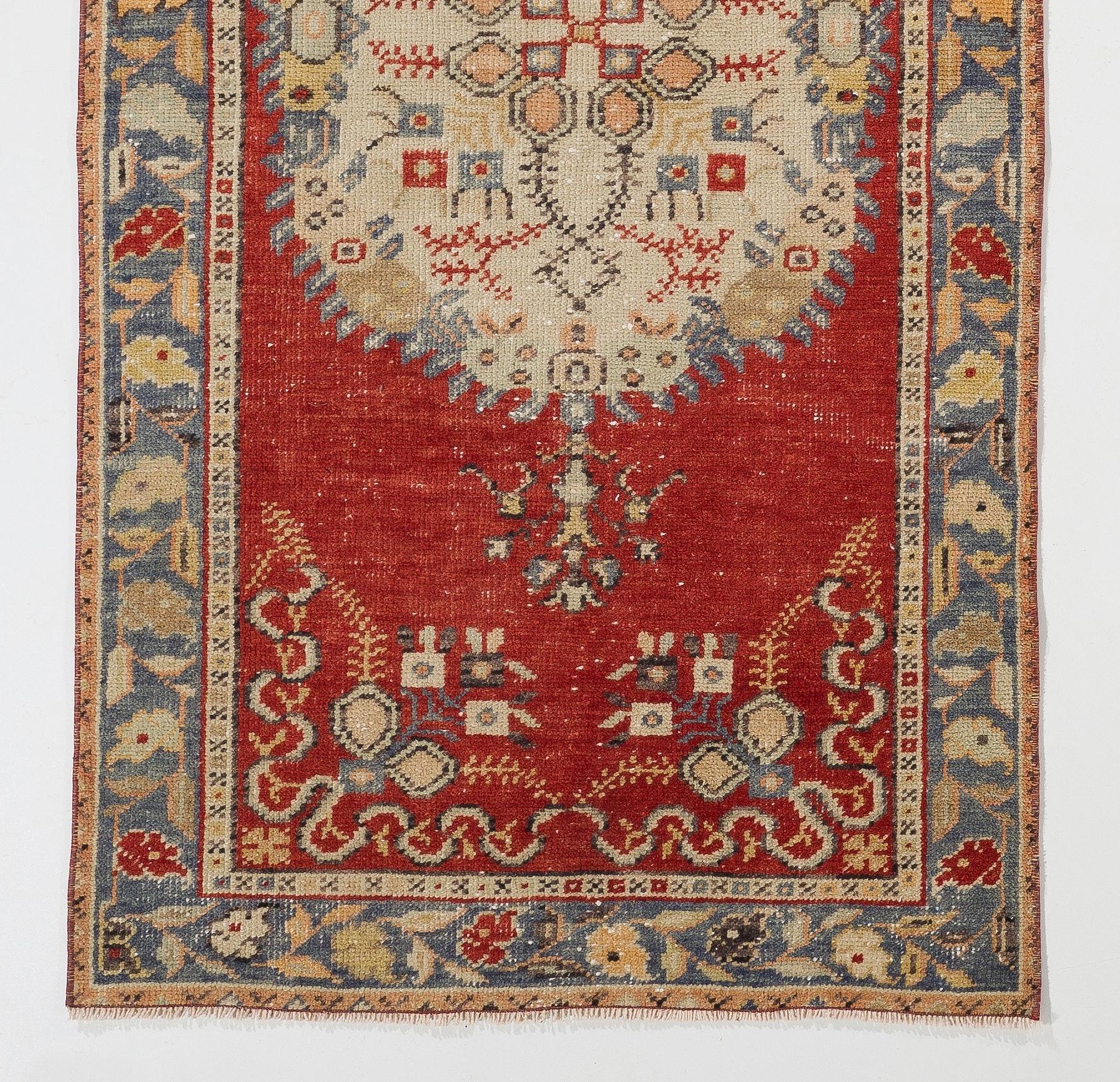 Tribal 3x6.4 Ft Vintage Handmade Unique Turkish Wool Accent Rug in Red and Ivory For Sale