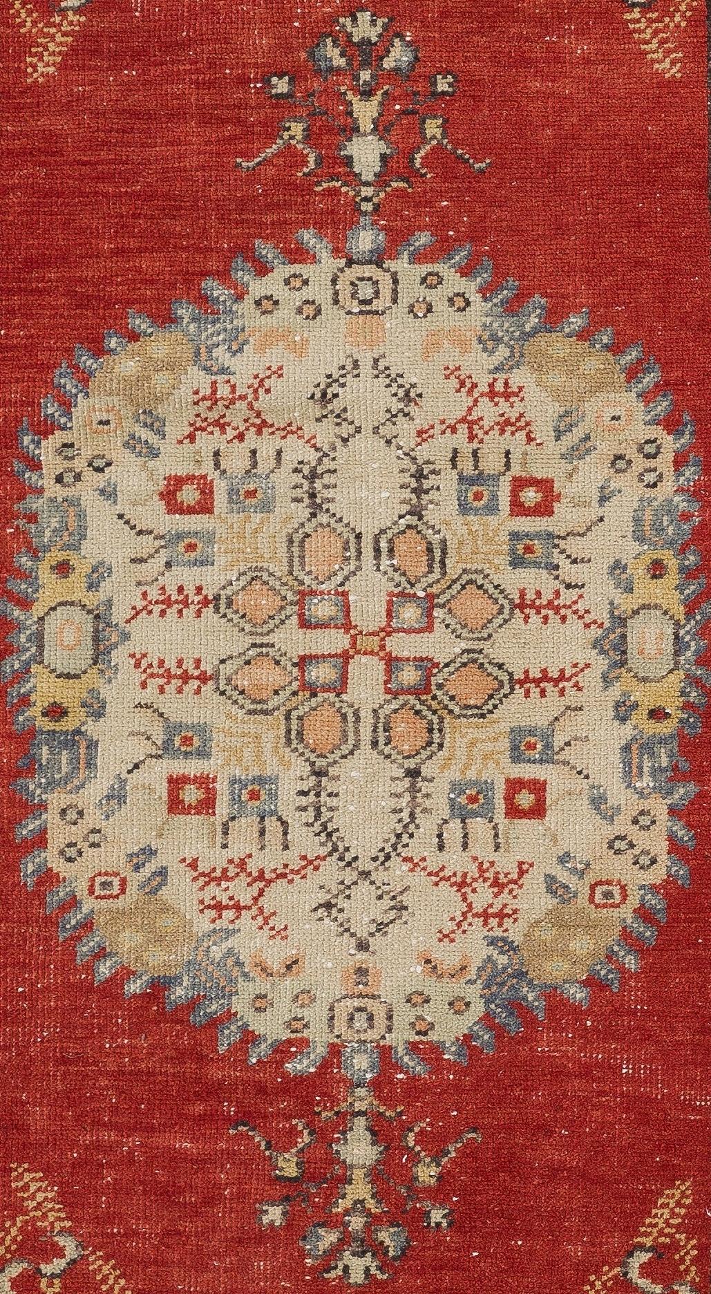 Hand-Woven 3x6.4 Ft Vintage Handmade Unique Turkish Wool Accent Rug in Red and Ivory For Sale