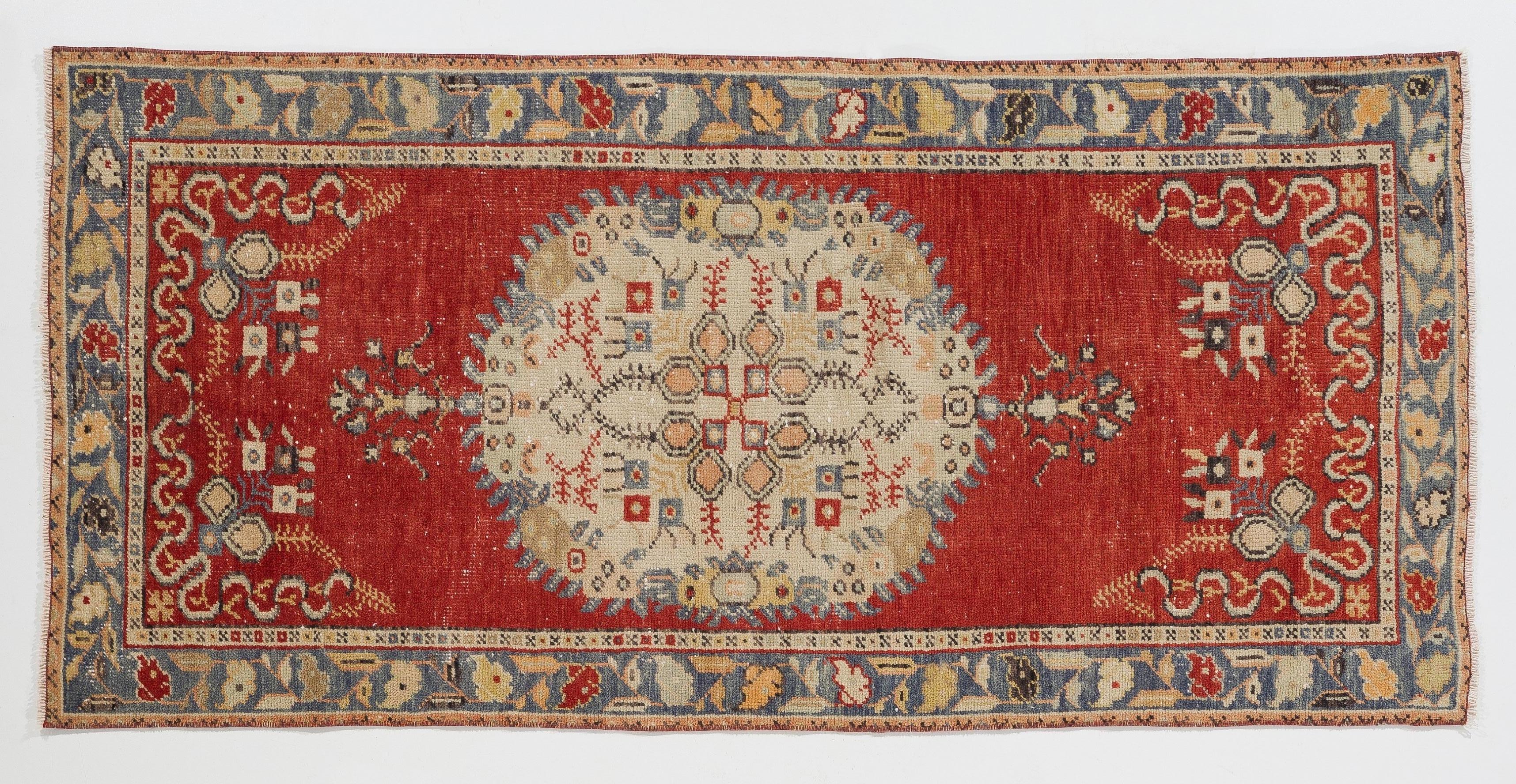 3x6.4 Ft Vintage Handmade Unique Turkish Wool Accent Rug in Red and Ivory In Good Condition For Sale In Philadelphia, PA