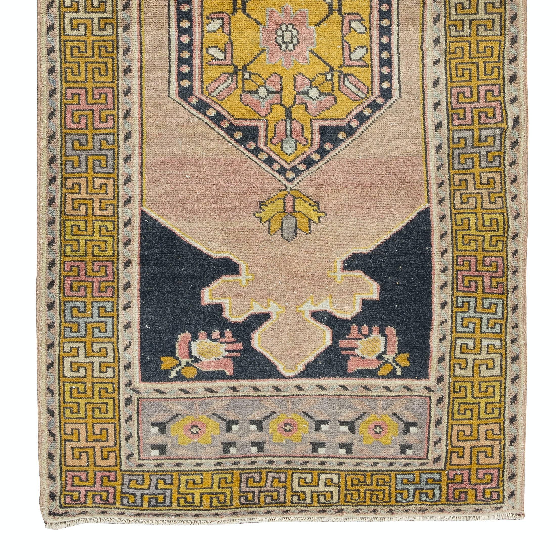 Turkish 3x6.6 Ft Oriental Wool Rug from Turkey, Vintage Handmade Village Small Carpet For Sale