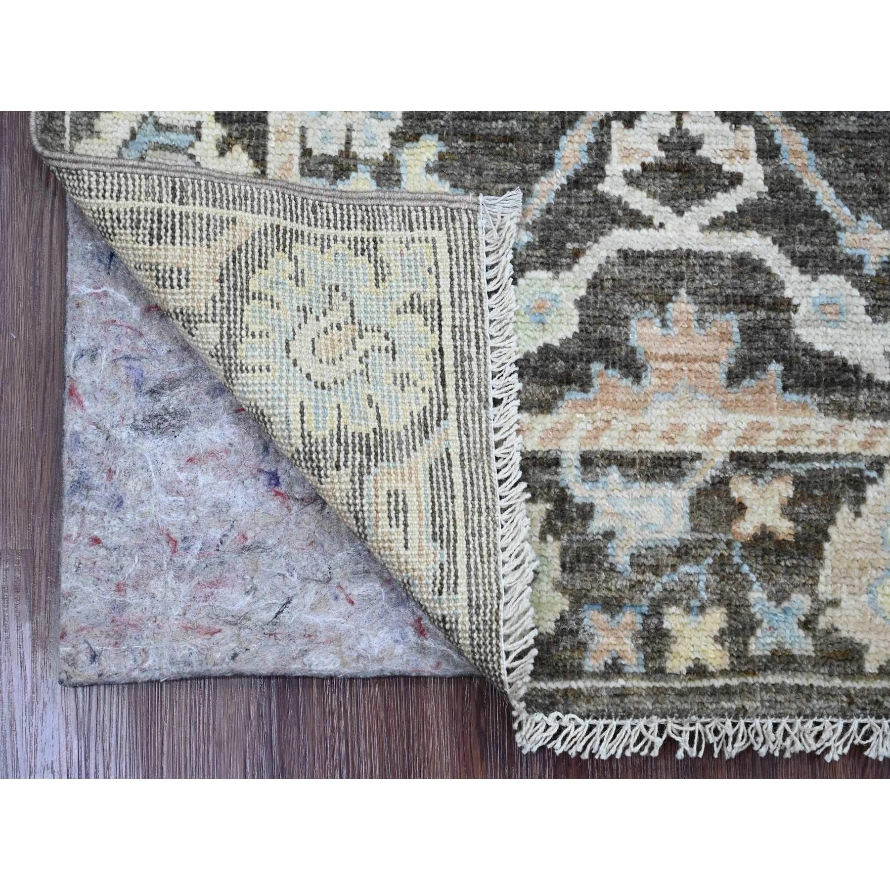 Mocha Brown, Hand Knotted, Afghan Angora Oushak with Floral Pattern, Vegetable Dyes, 100% Wool, Runner, Oriental Rug
Primary materials: Wool
Latex: No Pile 
height: 0.25 Inches
Style: Transitional
Primary color: Brown
Secondary colors: Yellow, Blue,