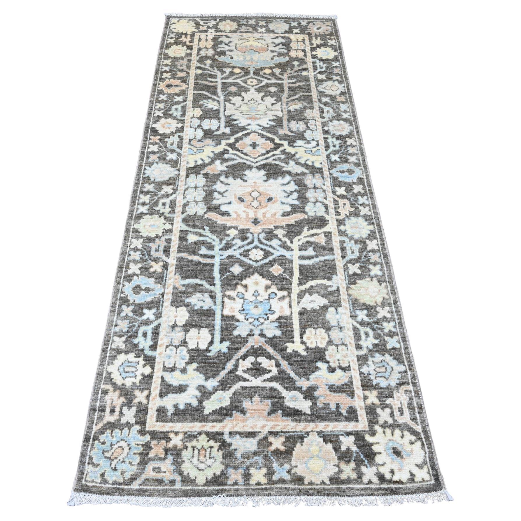 3'x7'10" Brown Hand Knotted Angora Oushak with Floral Pattern Wool Runner Rug For Sale