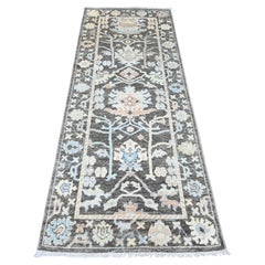 3'x7'10" Brown Hand Knotted Angora Oushak with Floral Pattern Wool Runner Rug