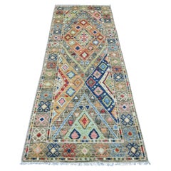 3'x7'10" Gray Anatolian Village Geometric Design Hand Knotted Wool Runner Rug