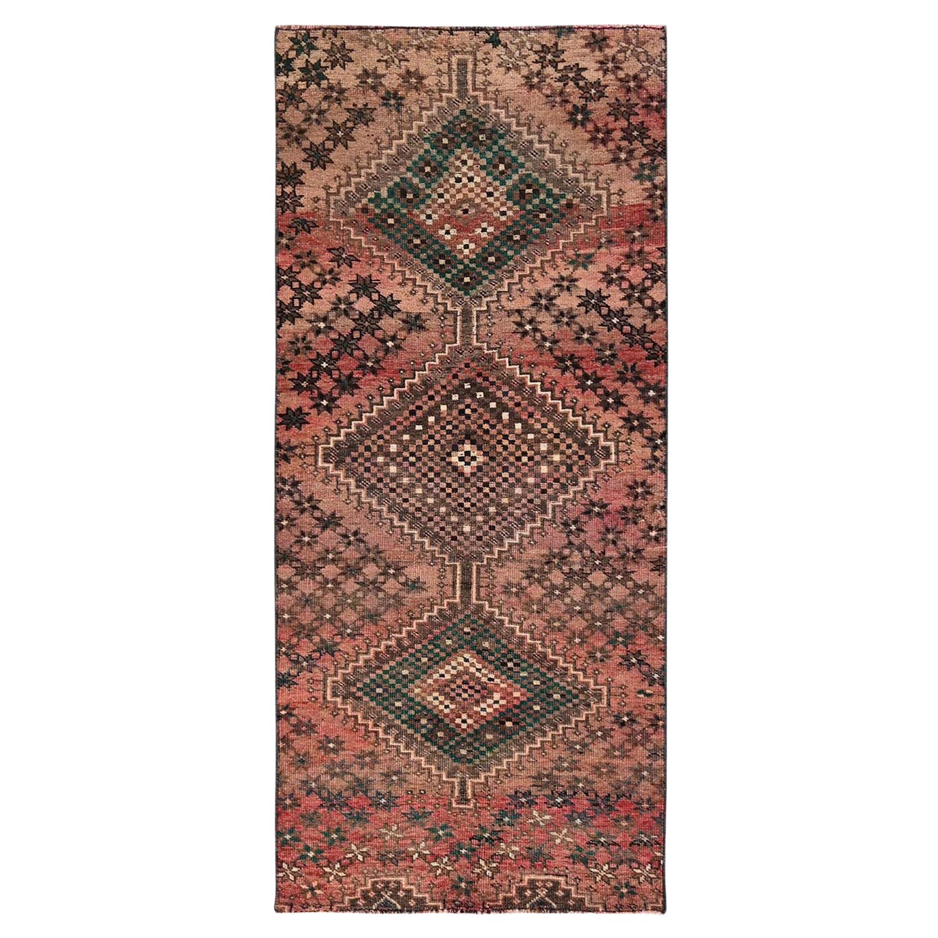 3
x7
2" Pink Vintage Persian Shiraz Hand Knotted Wool Even Wear Runner Rug For Sale