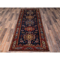 3'x7'2" Yale Blue Hand Knotted Afghan Ersari with Turkish Knot Wool Runner Rug