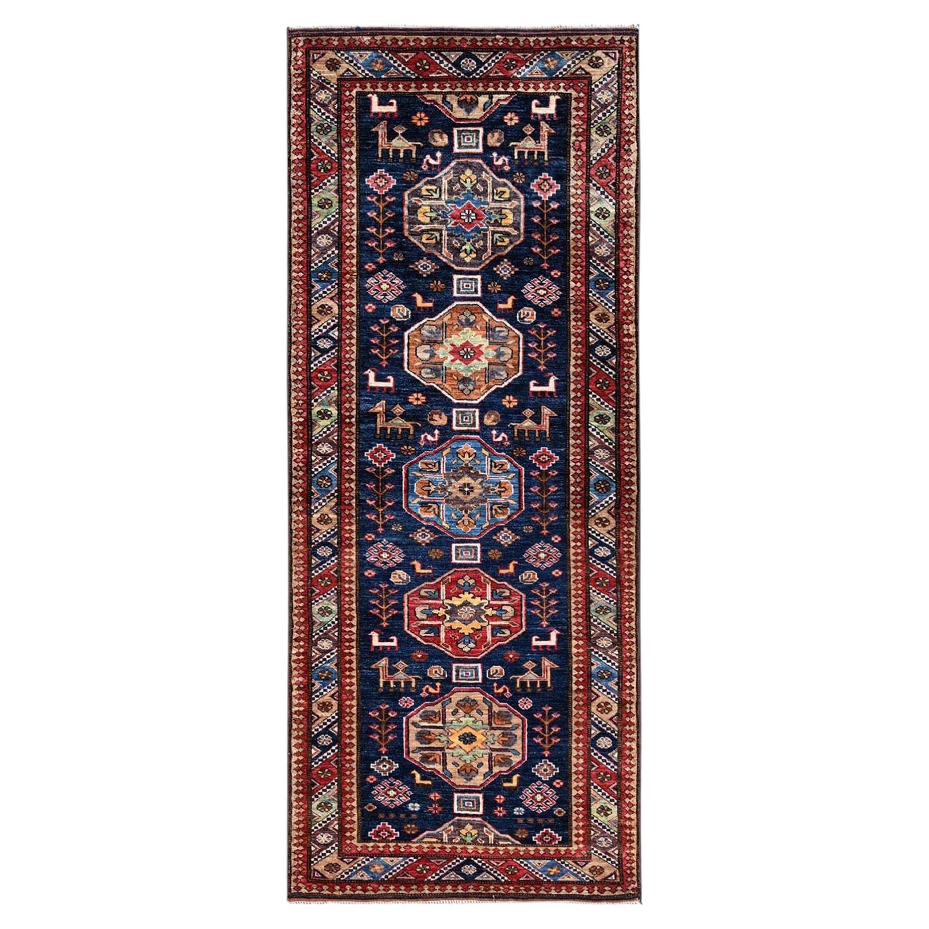 3'x7'2" Yale Blue Hand Knotted Afghan Ersari with Turkish Knot Wool Runner Rug For Sale