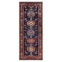 3'x7'2" Yale Blue Hand Knotted Afghan Ersari with Turkish Knot Wool Runner Rug