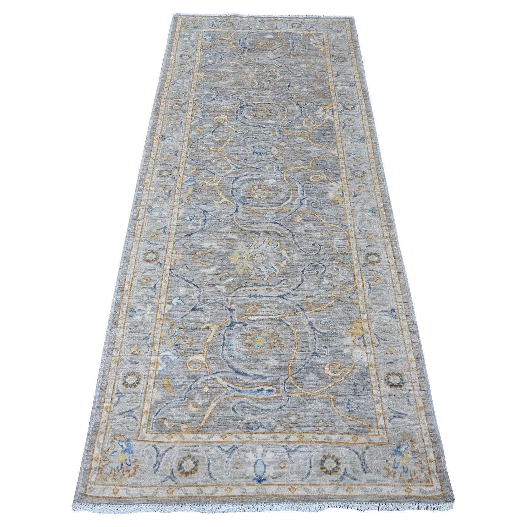 3'x7'8" Requisite Gray Afghan Peshawar Hand Knotted Soft Wool Oriental Rug