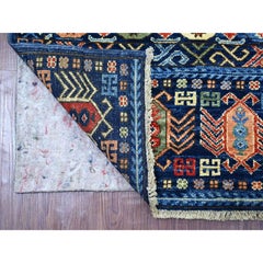 3'x7'9" Blue Afghan Ersari with Hutchlu Design Hand Knotted Wool Runner Rug