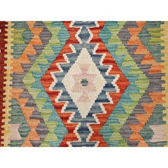 3'x8' Bunte Afghanische Kilim Geometrische Muster Alle Wolle Hand gewebt Läufer Teppich