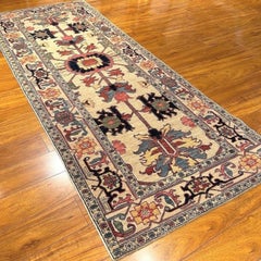 3x8 Hand-Knotted Afghan Serapi Tribal Wool Runner, Ivory Medallion