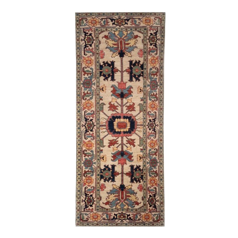 3x8 Hand-Knotted Afghan Serapi Tribal Wool Runner, Ivory Medallion For Sale