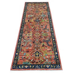 Alfombra Corredera de Lana Pura Anudada a Mano de 3'x8' Peshawar Roja con Diseño Bijar Garus