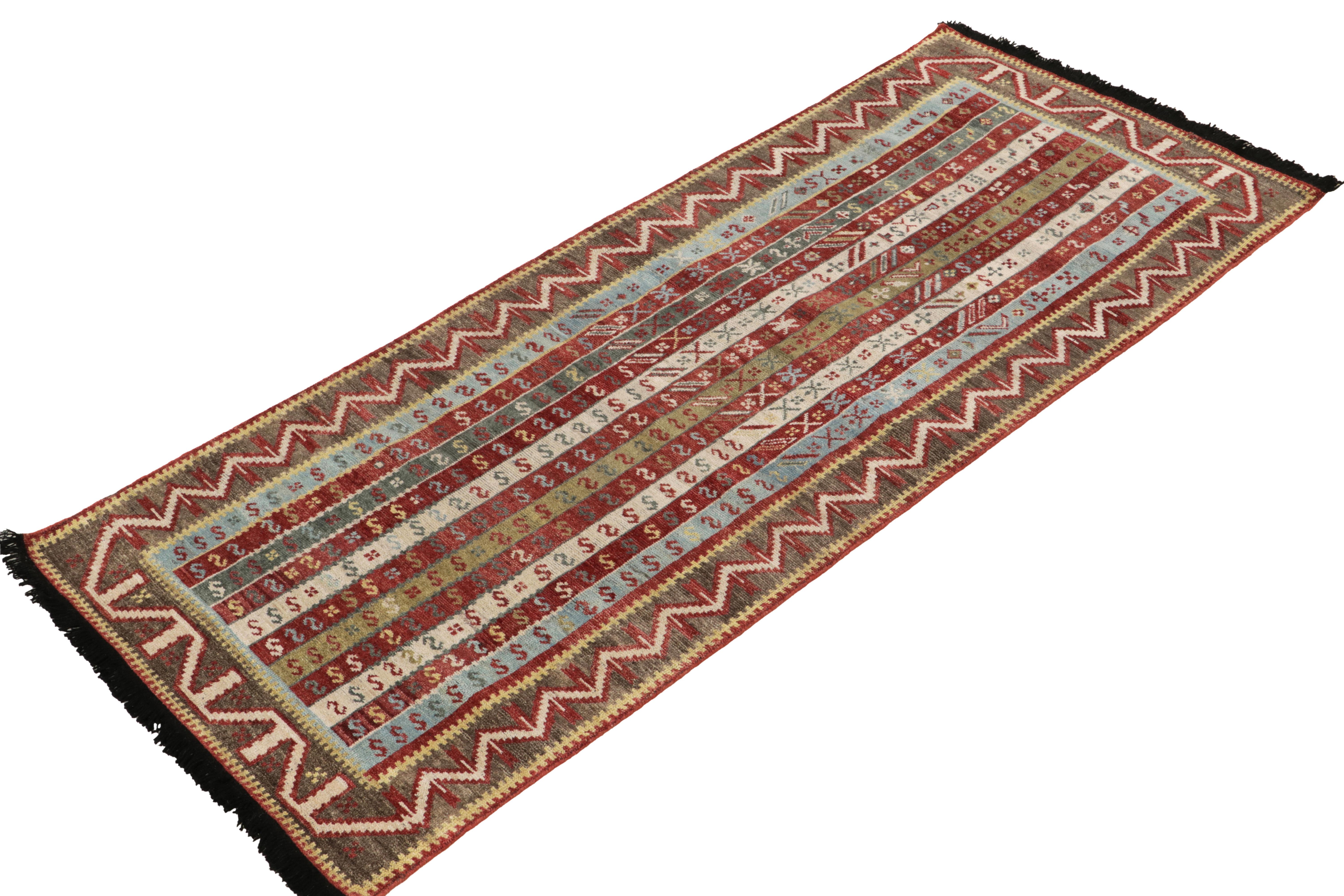 Indian Rug & Kilim's Tribal Style runner in Multicolor Stripes, Geometric Pattern
