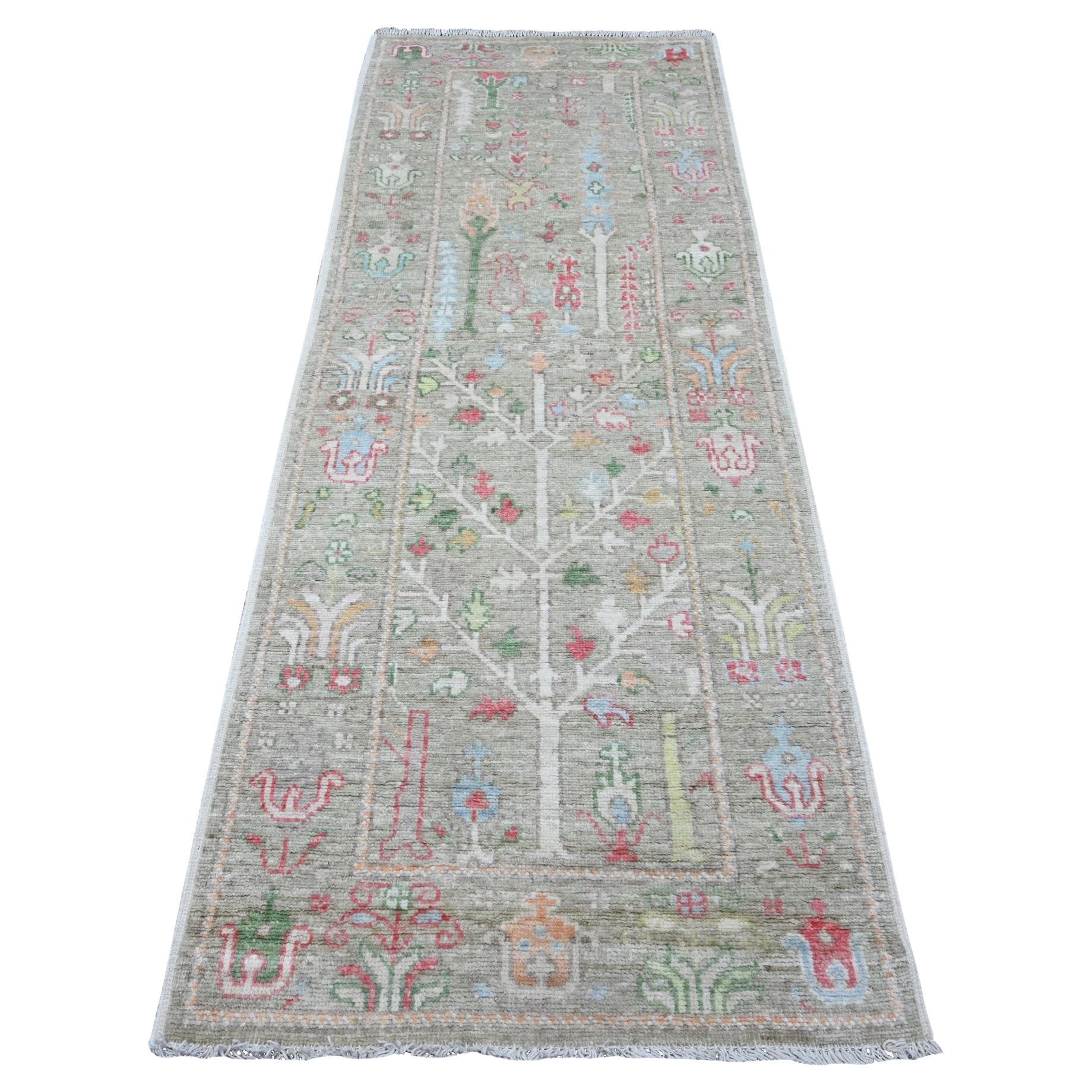 3'x8'1" Camouflage Green Runner Angora Oushak Hand Knotted Oriental Rug For Sale
