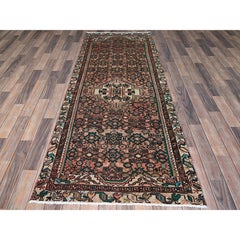 3'x8'1" Salmon Color Vintage Persian Hamadan Hand Knotted Pure Wool Runner Rug