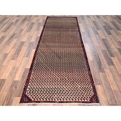3'x8'10" Ivory Vintage Persian Hamadan Hand Knotted Pure Wool Runner Rug