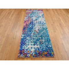 3'x8'2" Admiral Blue THE PEACOCK Sari Silk Colorful Hand Knotted Runner Rug