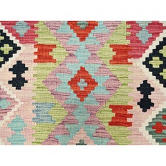 3'x8'6" Colorato, Kilim afgano, motivo geometrico, trama piatta, 100% lana, Tappeto