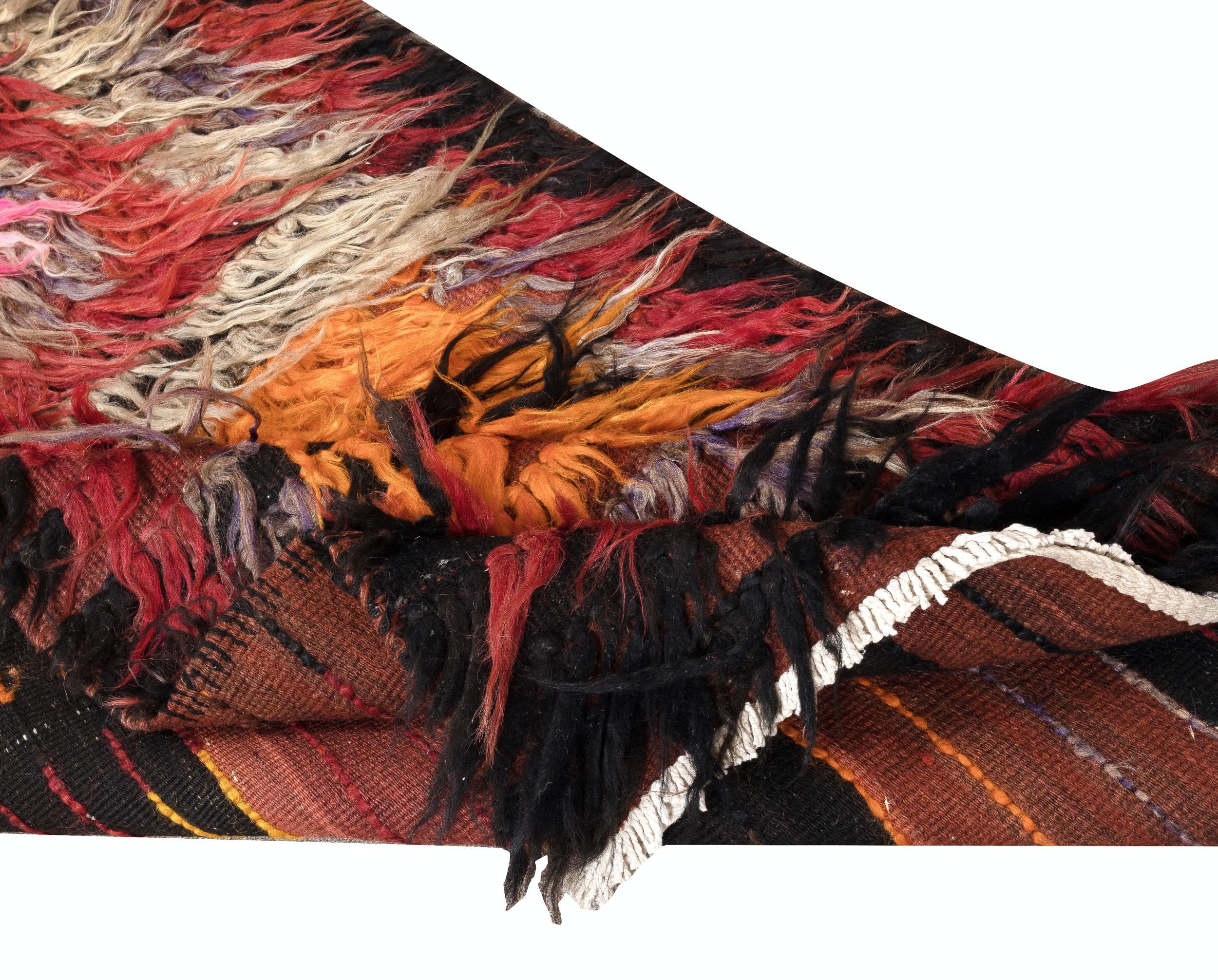 Hand-Knotted 3x8.7 Ft Vintage Shag Pile Handmade Turkish Tulu Runner Rug Made of Mohair Wool For Sale