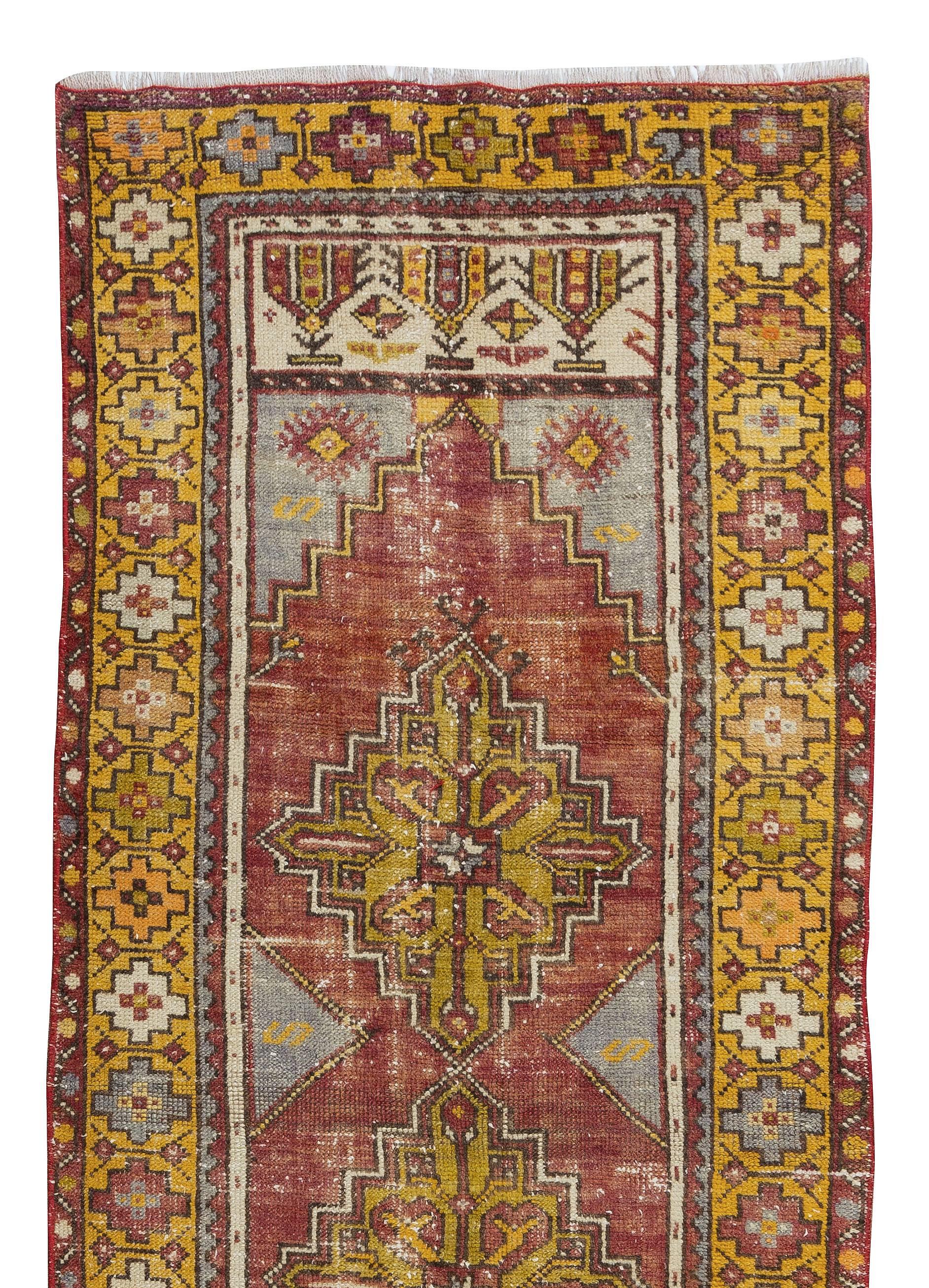 Turkish 3x8.7 Ft Vintage Village Runner Rug from Turkey, Hand-Knotted Corridor Carpet For Sale