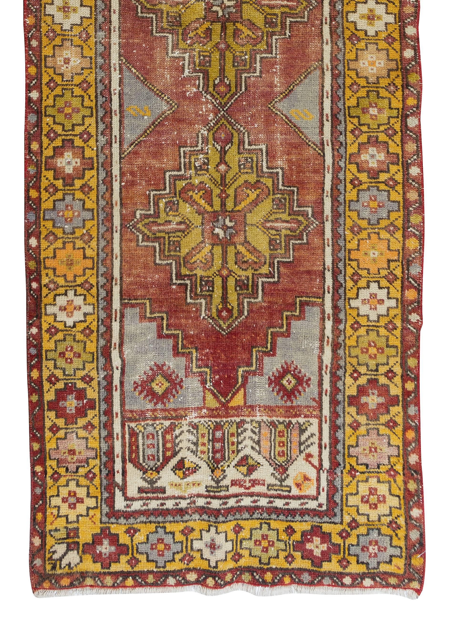 3x8.7 Ft Vintage Village Runner Rug from Turkey, Hand-Knotted Corridor Carpet In Good Condition For Sale In Philadelphia, PA