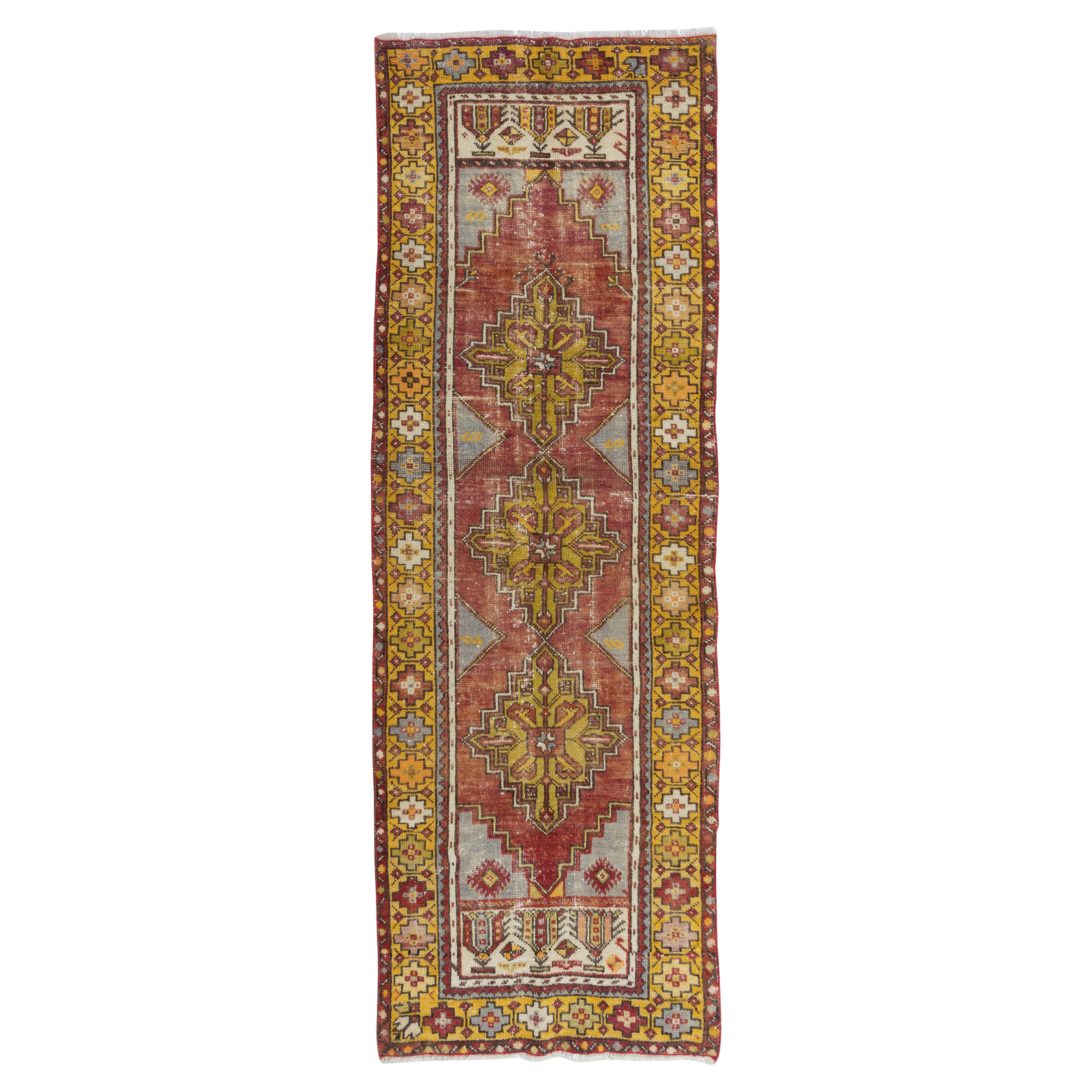 3x8.7 Ft Vintage Village Runner Rug from Turkey, Hand-Knotted Corridor Carpet For Sale