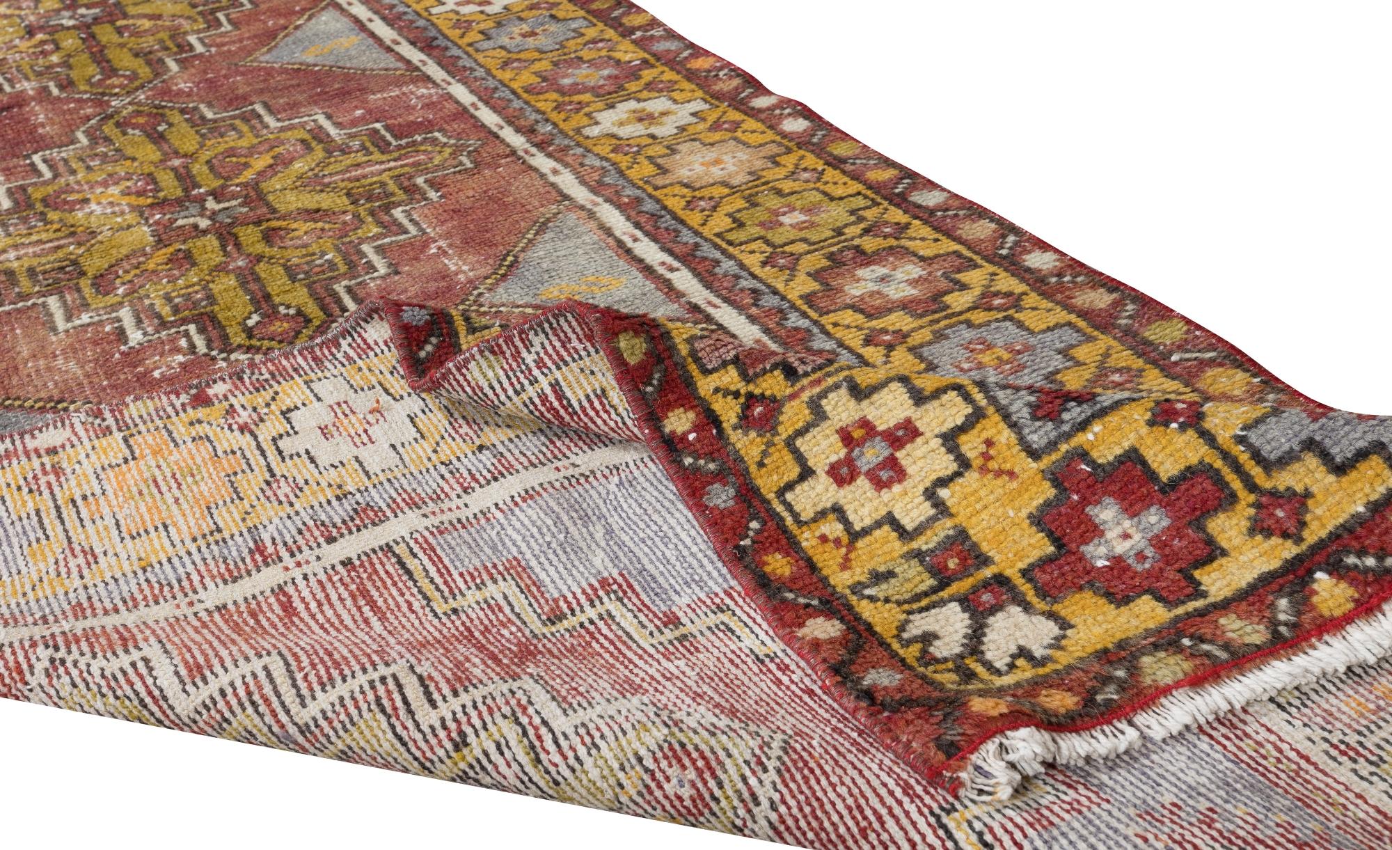 A vintage Turkish runner rug for hallway decor. Finely hand-knotted with even medium wool pile on cotton foundation. Very good condition. Sturdy and as clean as a brand new rug (deep washed professionally). 
Size: 3x8.7 ft.
 