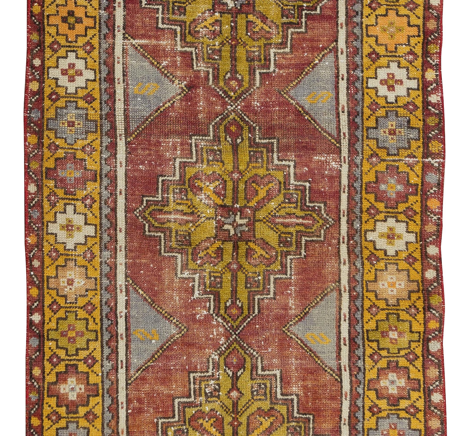 Hand-Woven 3x8.7 Ft Vintage Village Runner Rug from Turkey, Hand Made Corridor Carpet For Sale