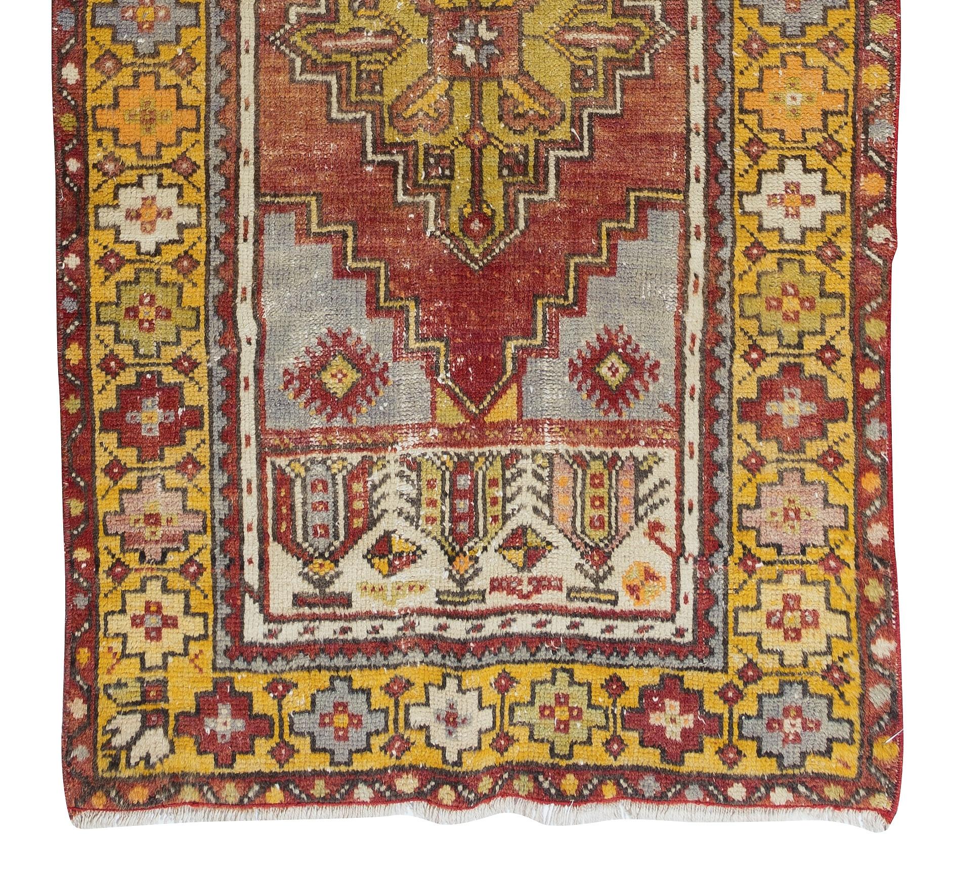 3x8.7 Ft Vintage Village Runner Rug from Turkey, Hand Made Corridor Carpet In Good Condition For Sale In Spring Valley, NY