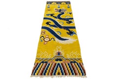 3x9 Traves de Mesa Antiguo Dragón Chino - Lana Anudada a Mano - Amarillo Imperial y Añil