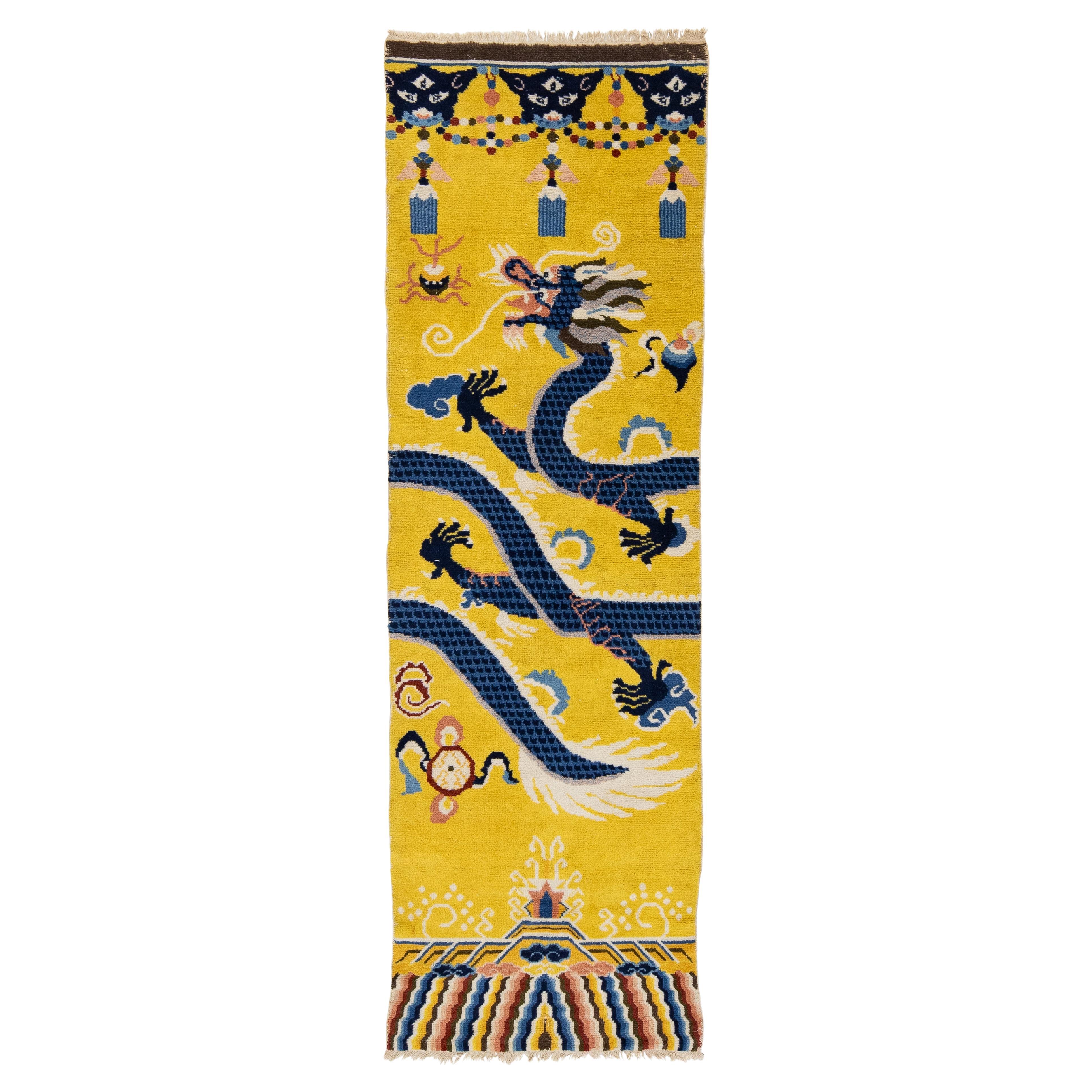 3x9 Antique Chinese Dragon Runner – Hand-Knotted Wool – Imperial Yellow & Indigo For Sale