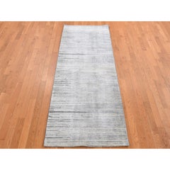 3'x9' Ash Gray, Horizontal Ombre Design, Pure Silk, Hand Knotted, Runner Rug